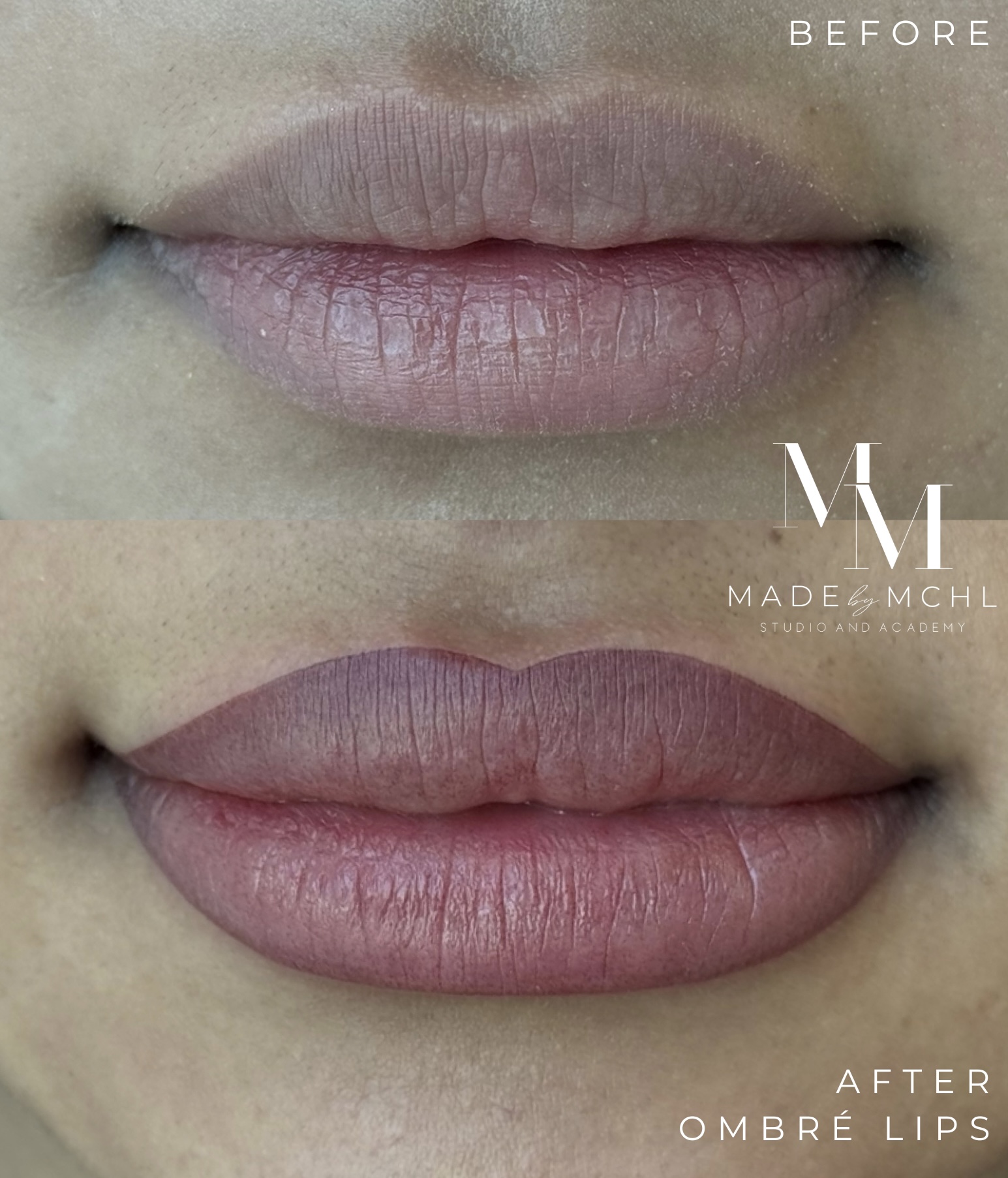 Before and after ombré lips with even natural tone