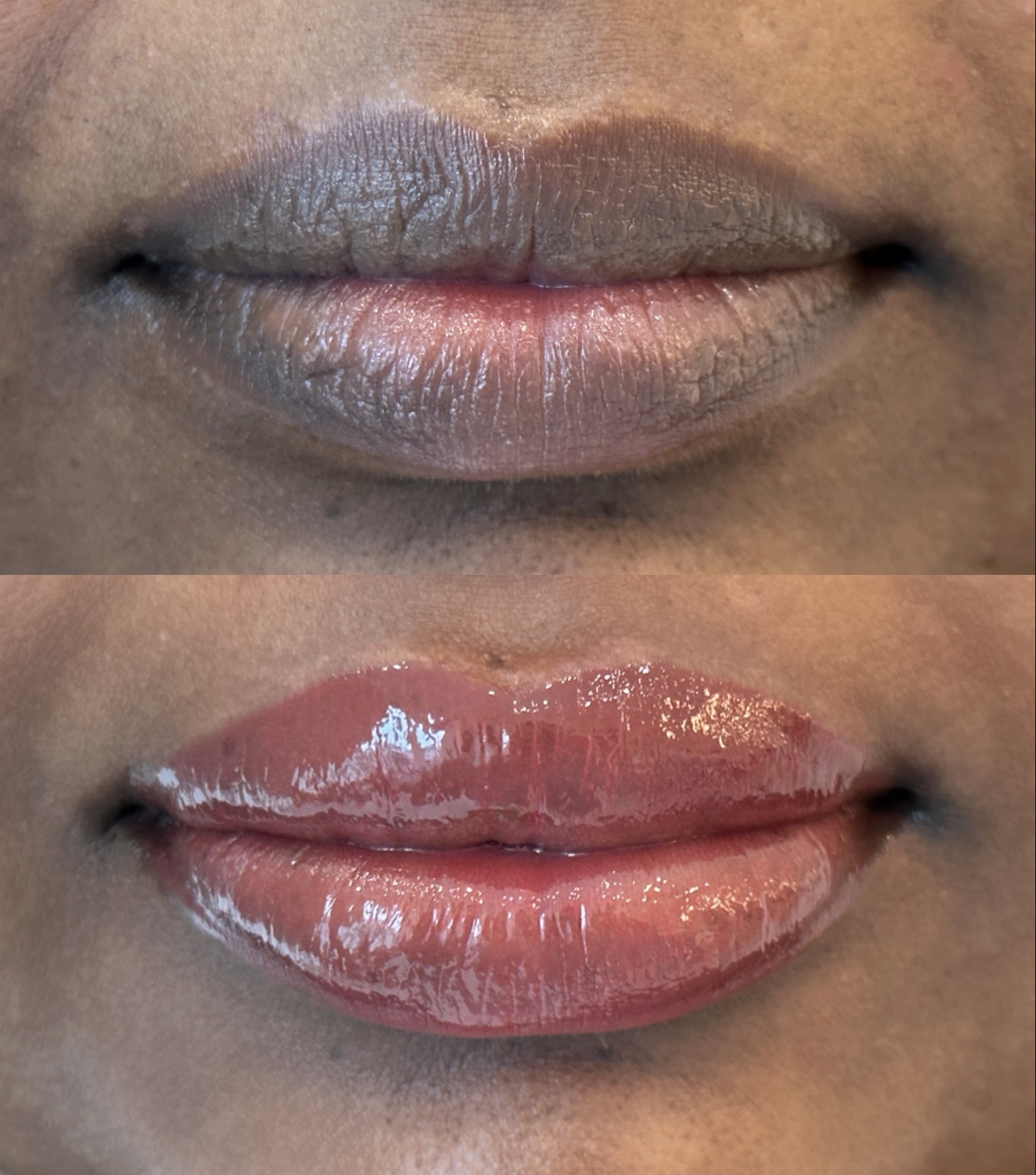 Lip neutralizing colour correction result on deeper skin tone