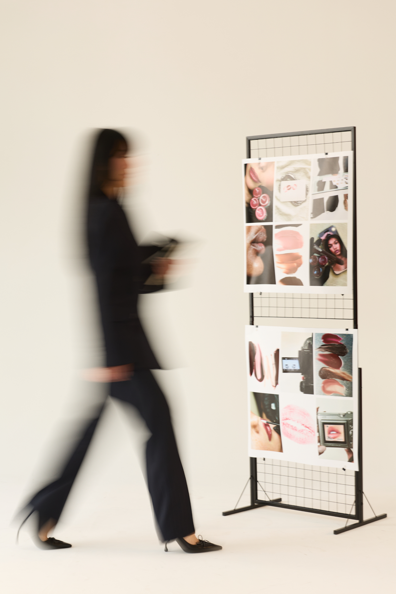 Editorial motion portrait beside MADEBYMCHL lip blush mood boards