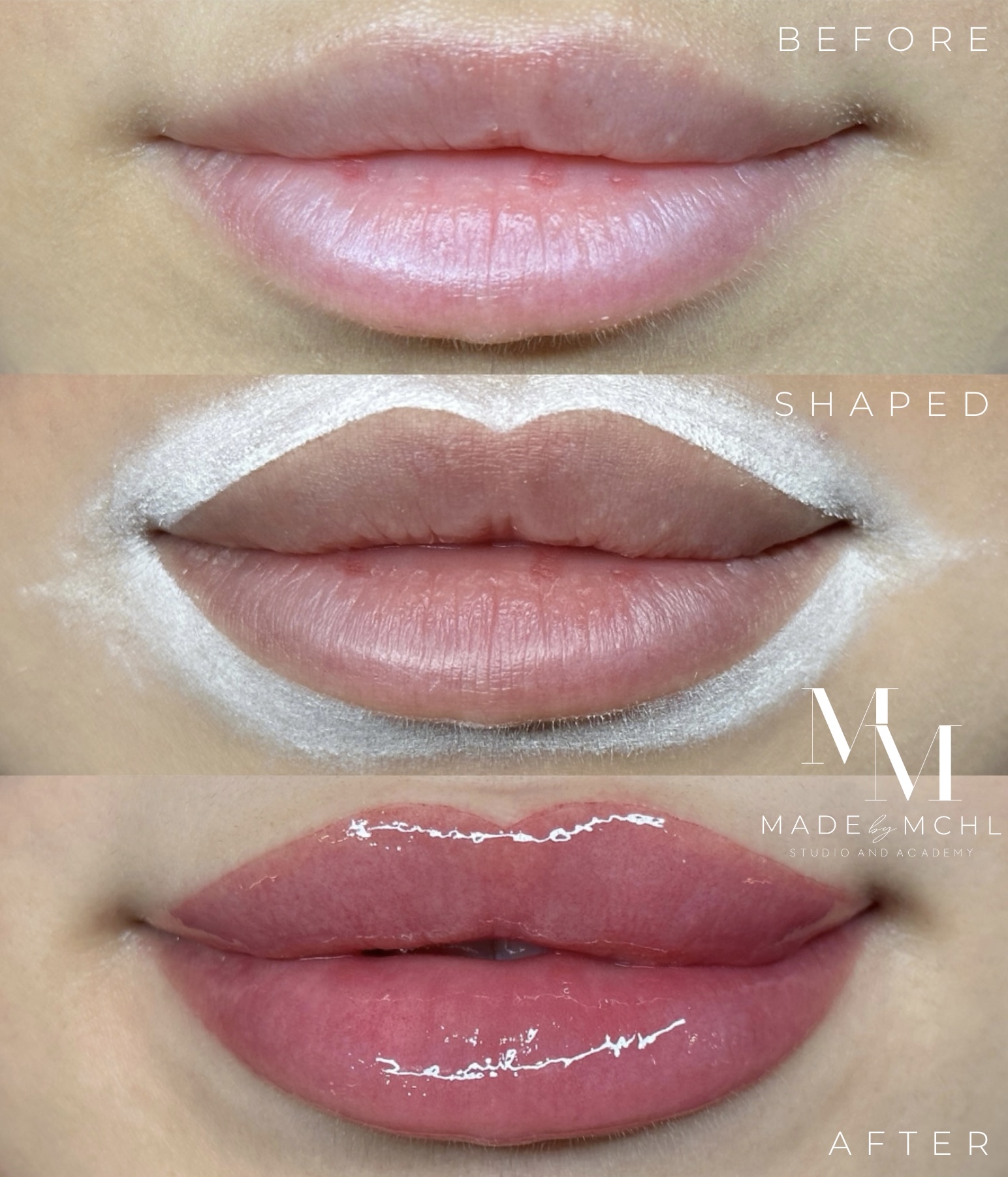 Lip blush before, shaping and glossy natural pink result