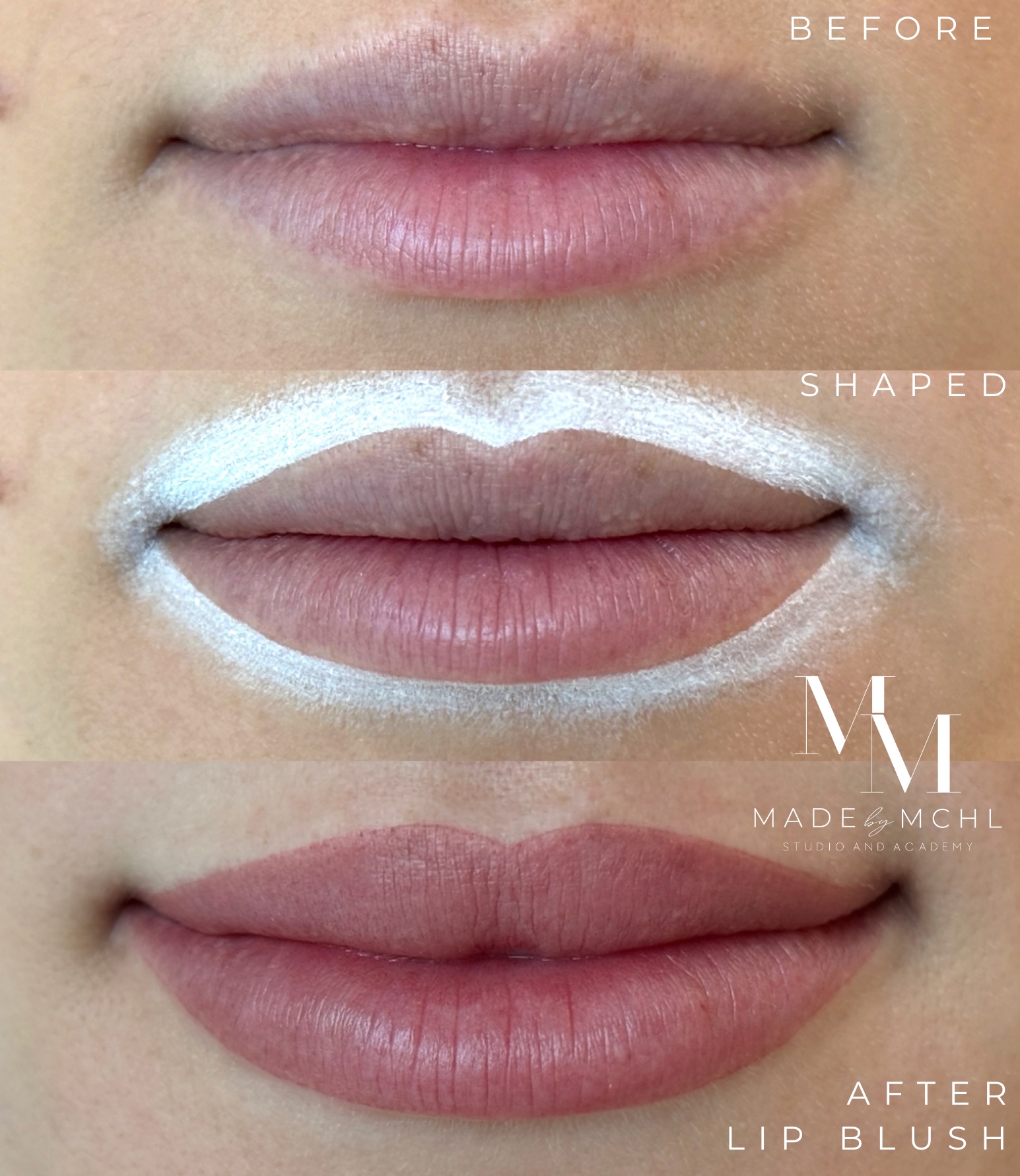 Lip blush before, shaped outline and soft rose result