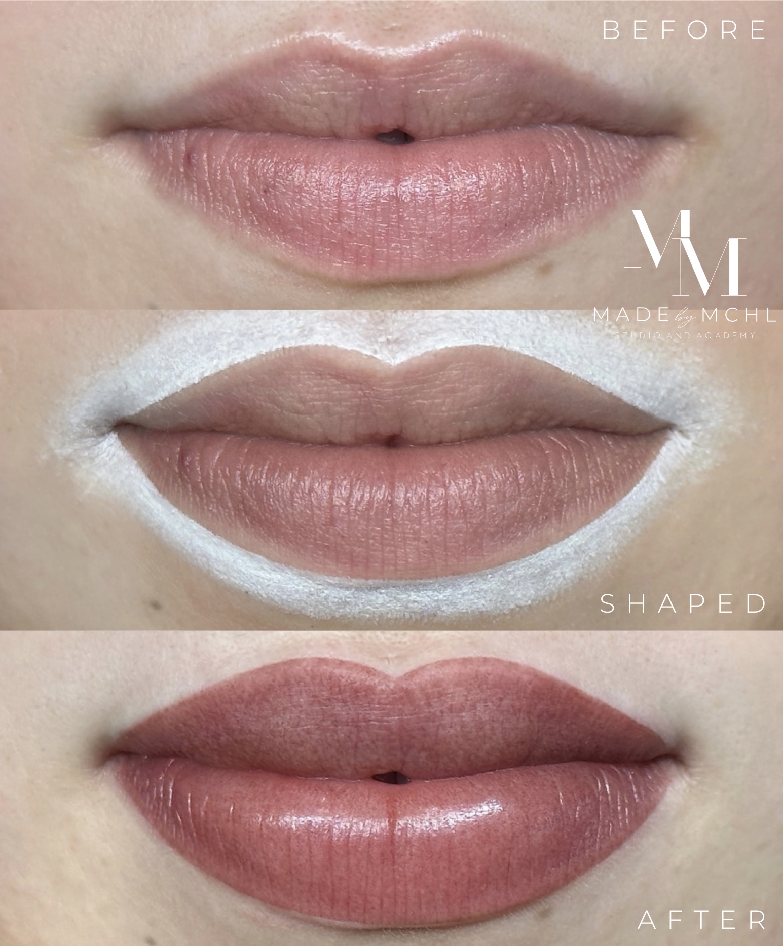 Lip blush before, shaping and full defined after result