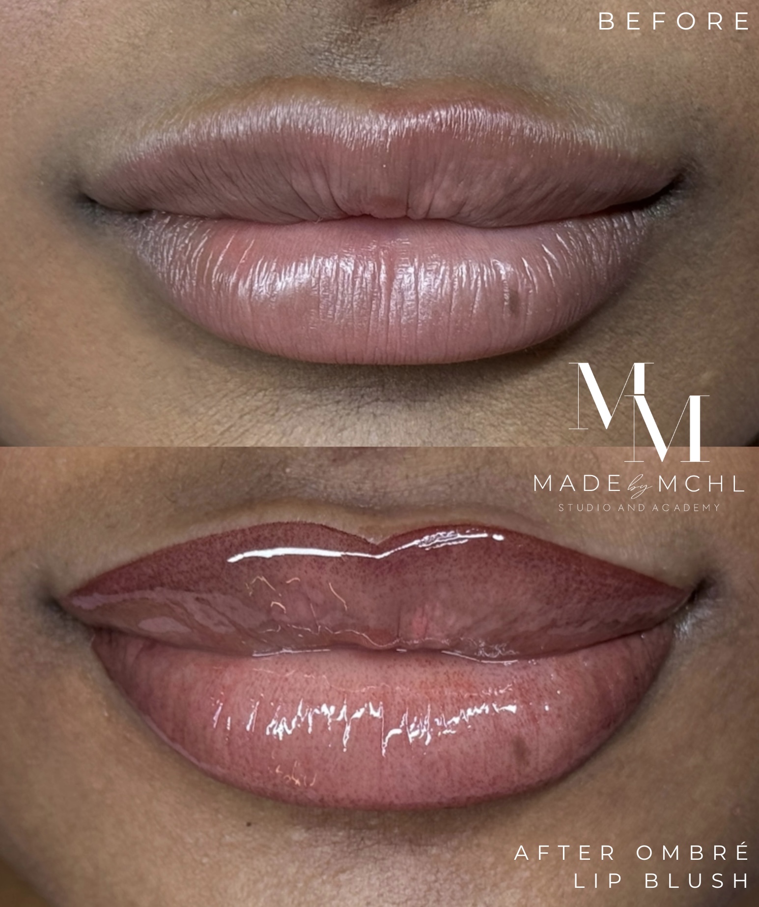 Before and after ombré lip blush with glossy finish on deeper skin tone
