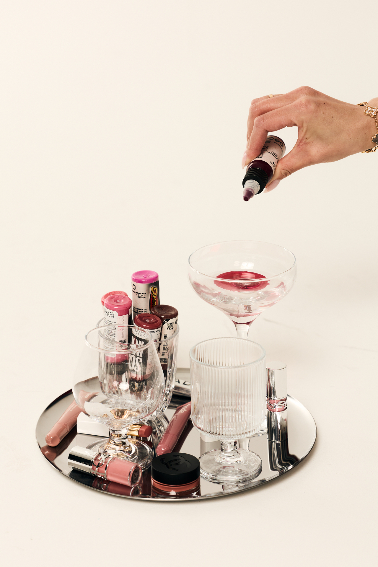 Editorial pigment tray at MADEBYMCHL permanent makeup studio in Vaughan, Ontario