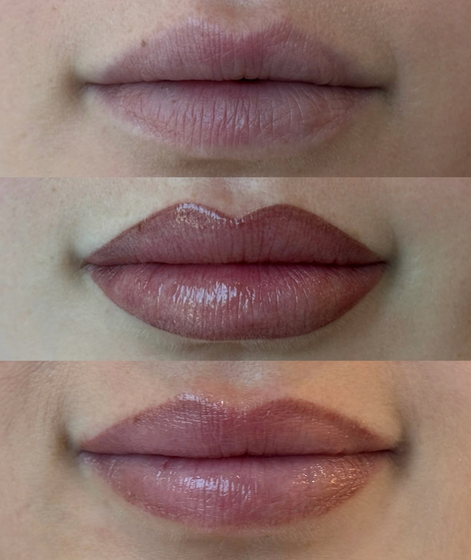 Lip blush before, immediately after and healed warm rose colour